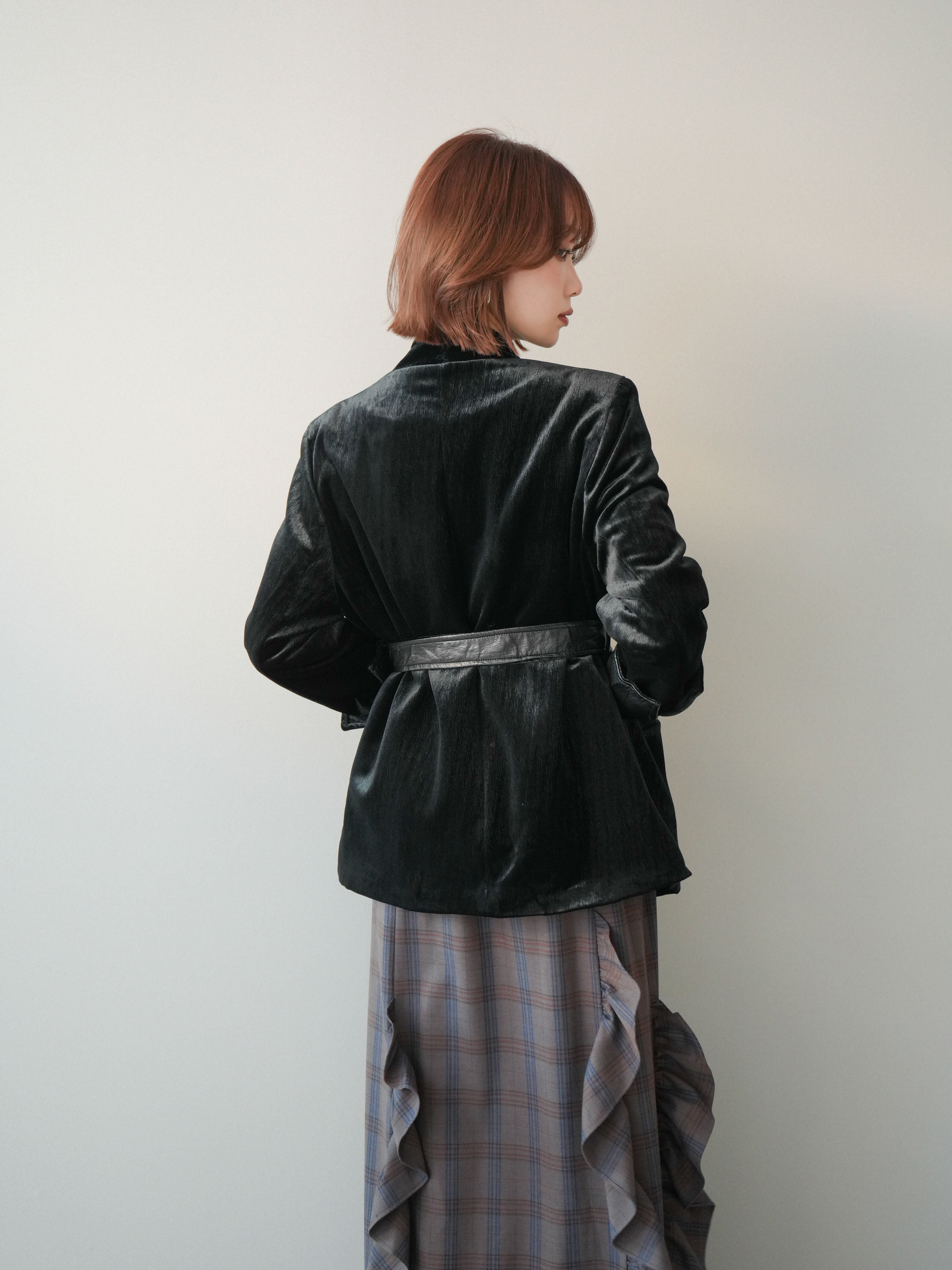 美品✨セオリー　24年　クロップドジャケット　ベロア　ネイビー　ジップアップ SET]ベロアガウンジャケット+プチネックパワーショルダー起毛トップス