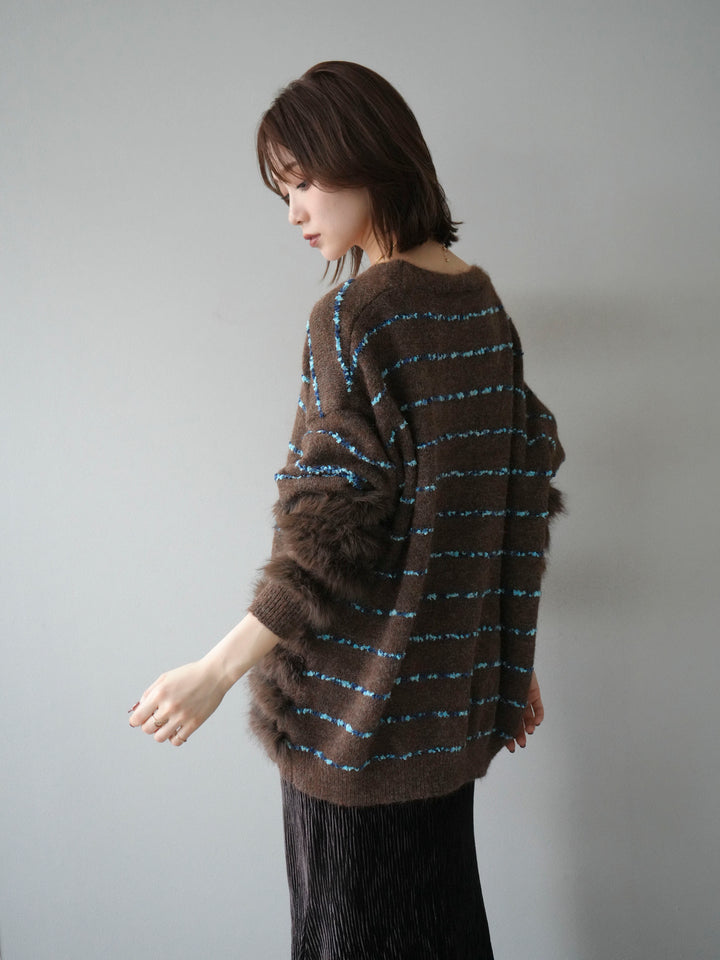 [予約]フェザーライン配色シャギーニットカーディガン/ブラウン