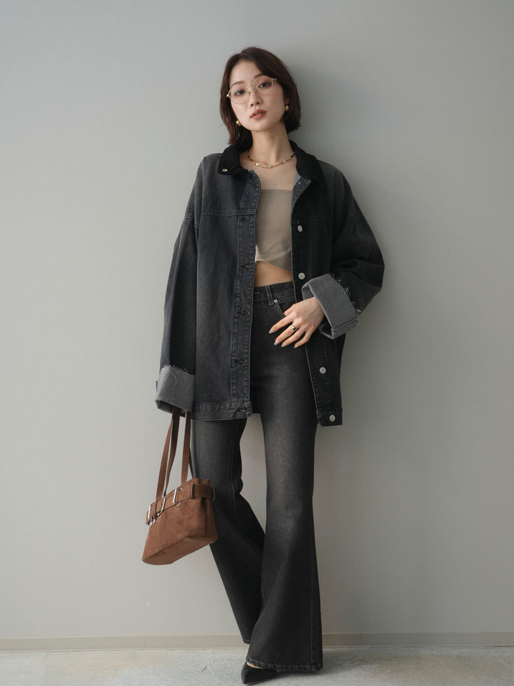 [SET]コーデュロイ×デニムミドルジャケット+フレアデニムパンツ(2set)