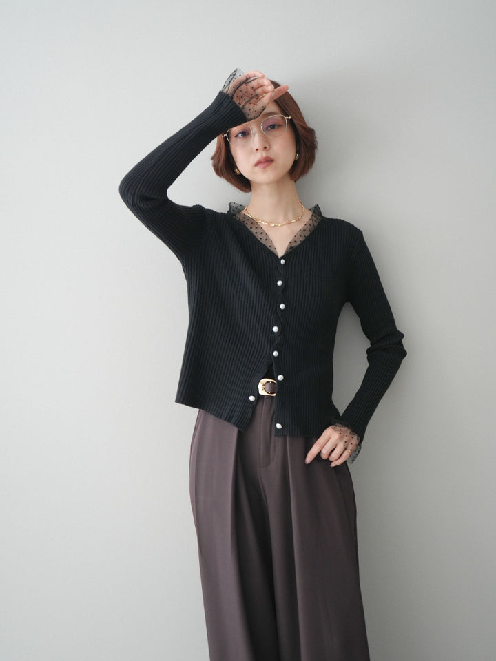 [SET]チュールドッキングパールボタンニットカーディガン+選べるアクセセット(2set)