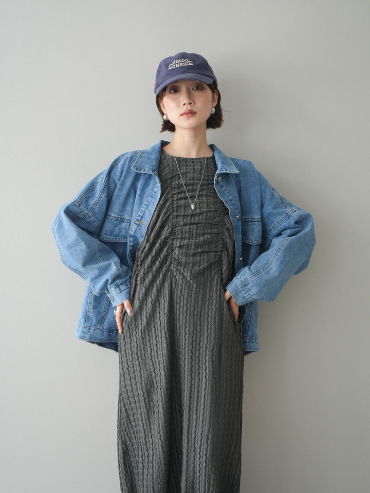[SET]シャーリングジャガードノースリーブワンピース+ルーズシルエットデニムジャケット(2set)