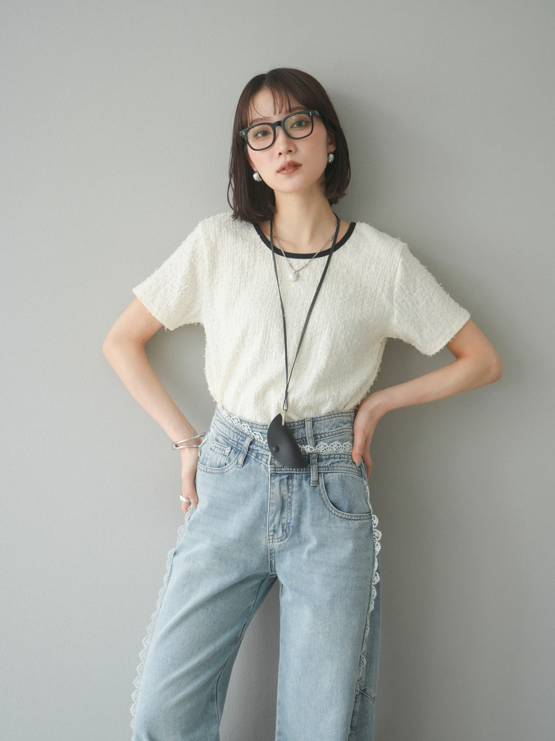 【預訂】顏色協調的滾邊蓬鬆剪裁上衣/象牙白