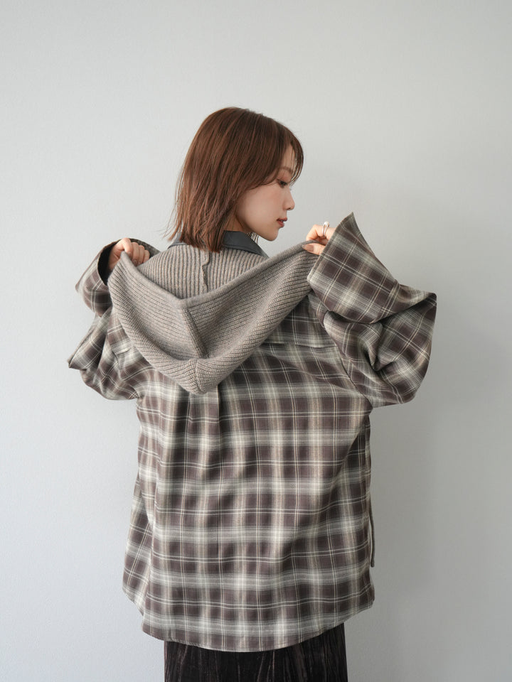 [SET]レザー襟オンブレチェックオーバーシャツ +クラッシュベロアナロースカート(2set)