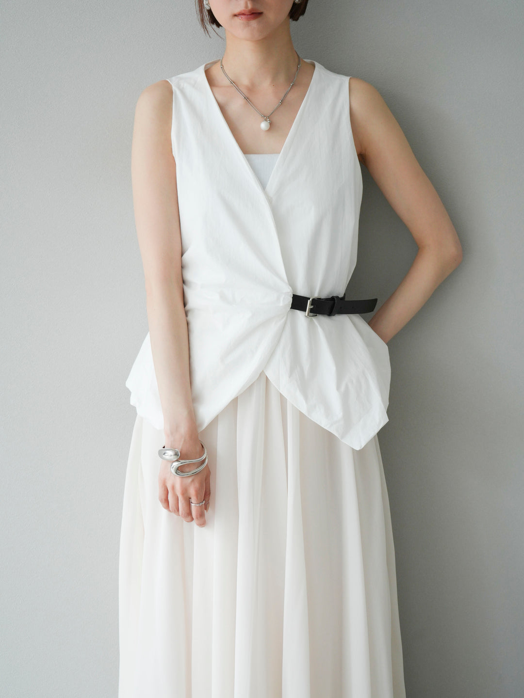 [SET]ベルトデザインバルーンブラウス+シフォンフレアスカート(2set)