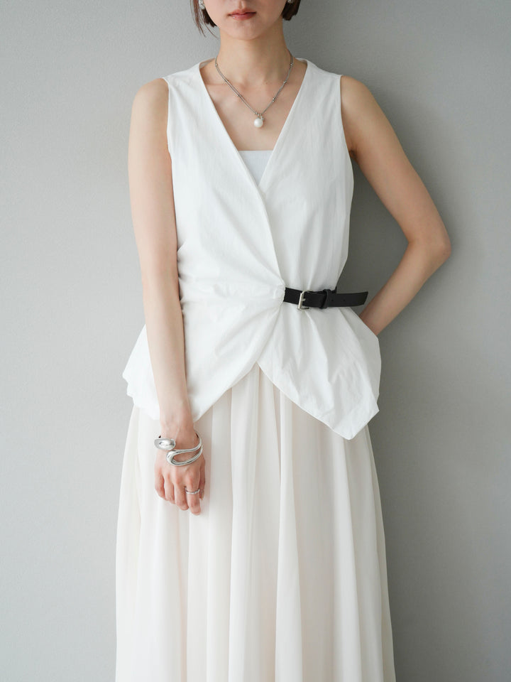 [SET]ベルトデザインバルーンブラウス+シフォンフレアスカート(2set)