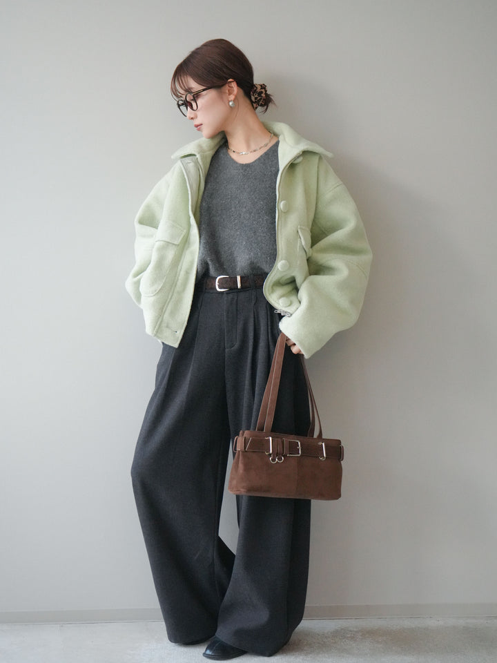 [予約]アニマル柄ベルト付きウールタッチワイドパンツ/charcoal