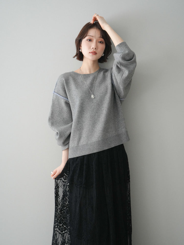 [予約]バックロゴ刺繍配色ステッチニットプルオーバー/gray