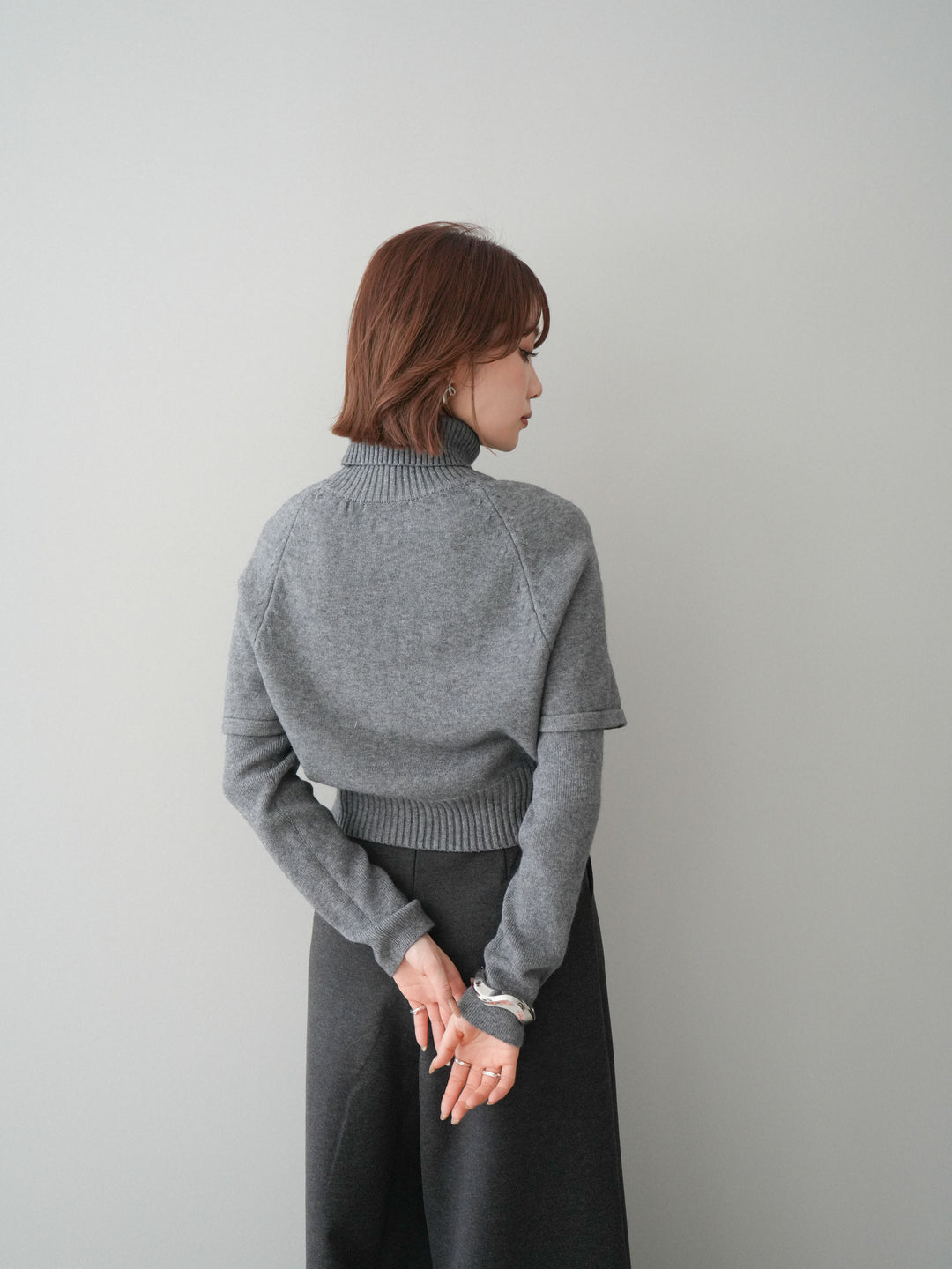 [予約]ケーブル編みタートルハーフスリーブニットアンサンブル/gray