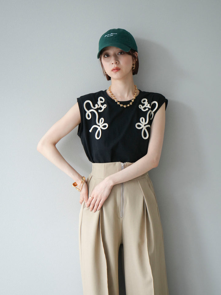 [SET]コード刺繍フレンチスリーブTシャツ+ジップタックワイドパンツ(2set)