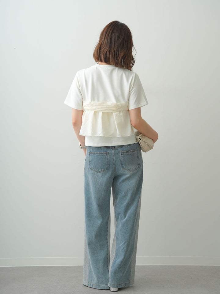 [SET]ナイロンドッキングツイストTEE +デニム切替スウェットパンツ(2set)