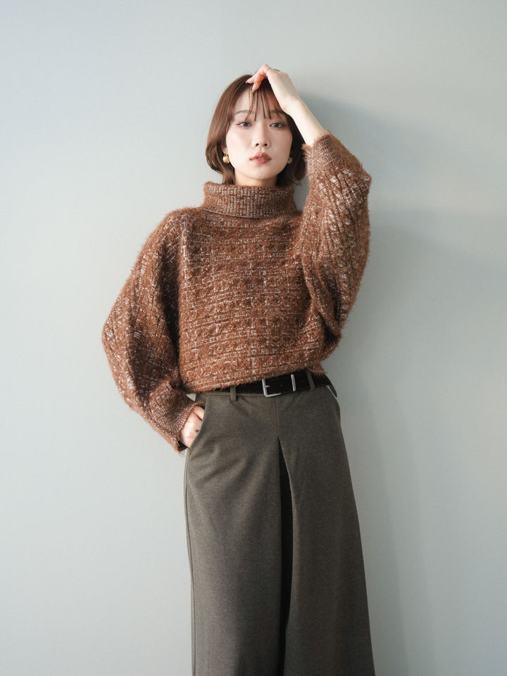 [予約]オフタートルケーブル編みニットプルオーバー/brown