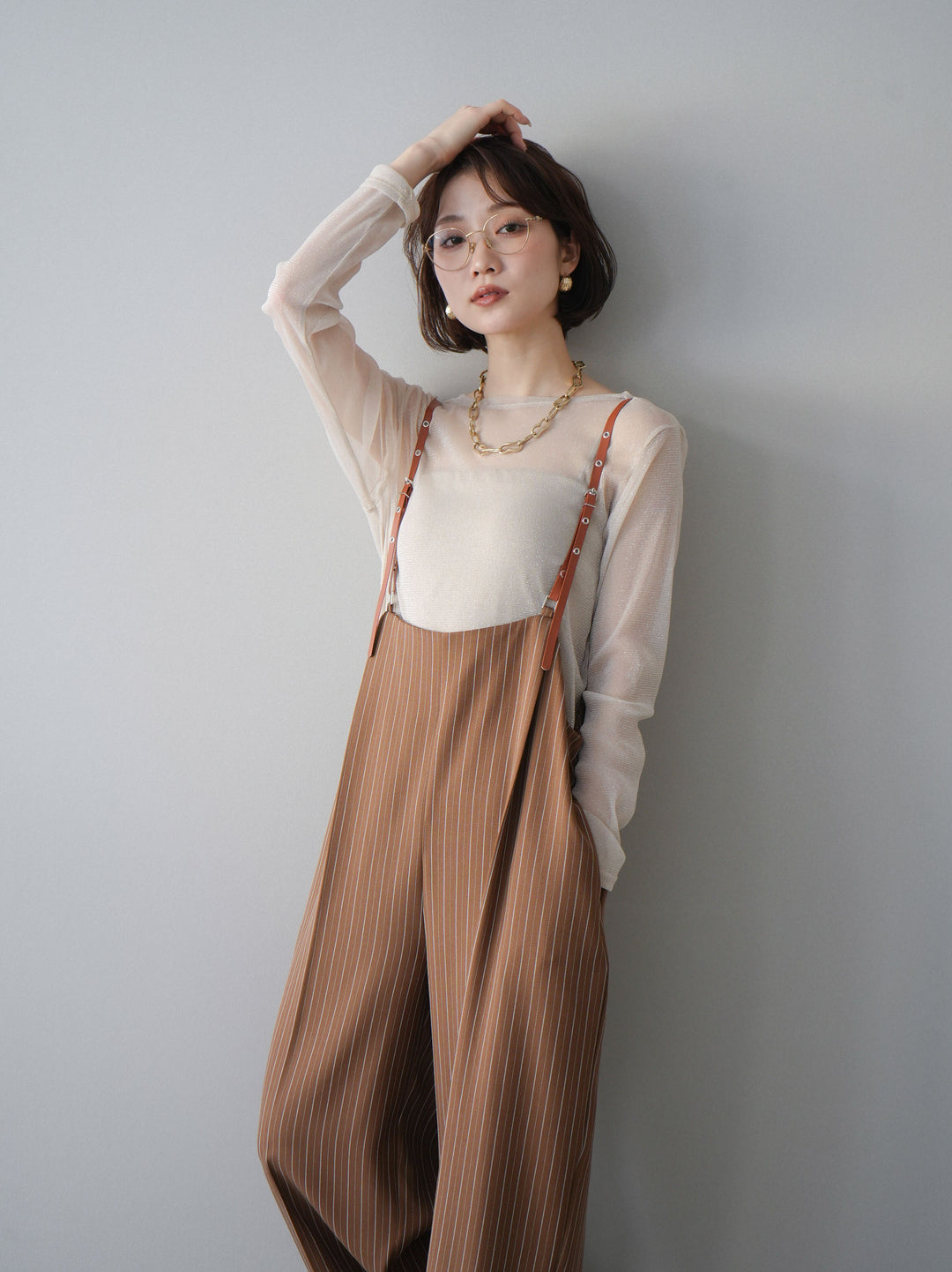 [予約]ヘリンボーンストライプサス付サロペット/goldbrown