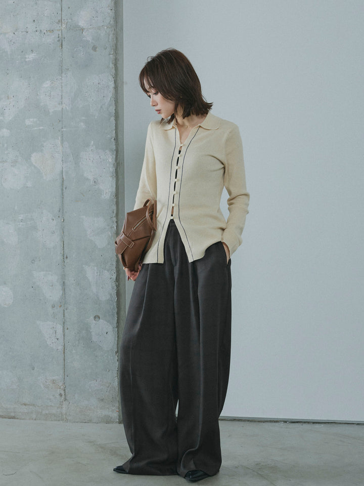 【Allure】[SET]リブ配色ラインポロニットカーディガン+サイドタックワイドパンツ(2set)
