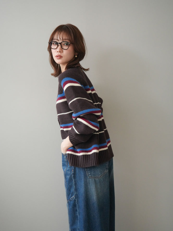[予約]ランダムボーダーニットカーディガン/brown