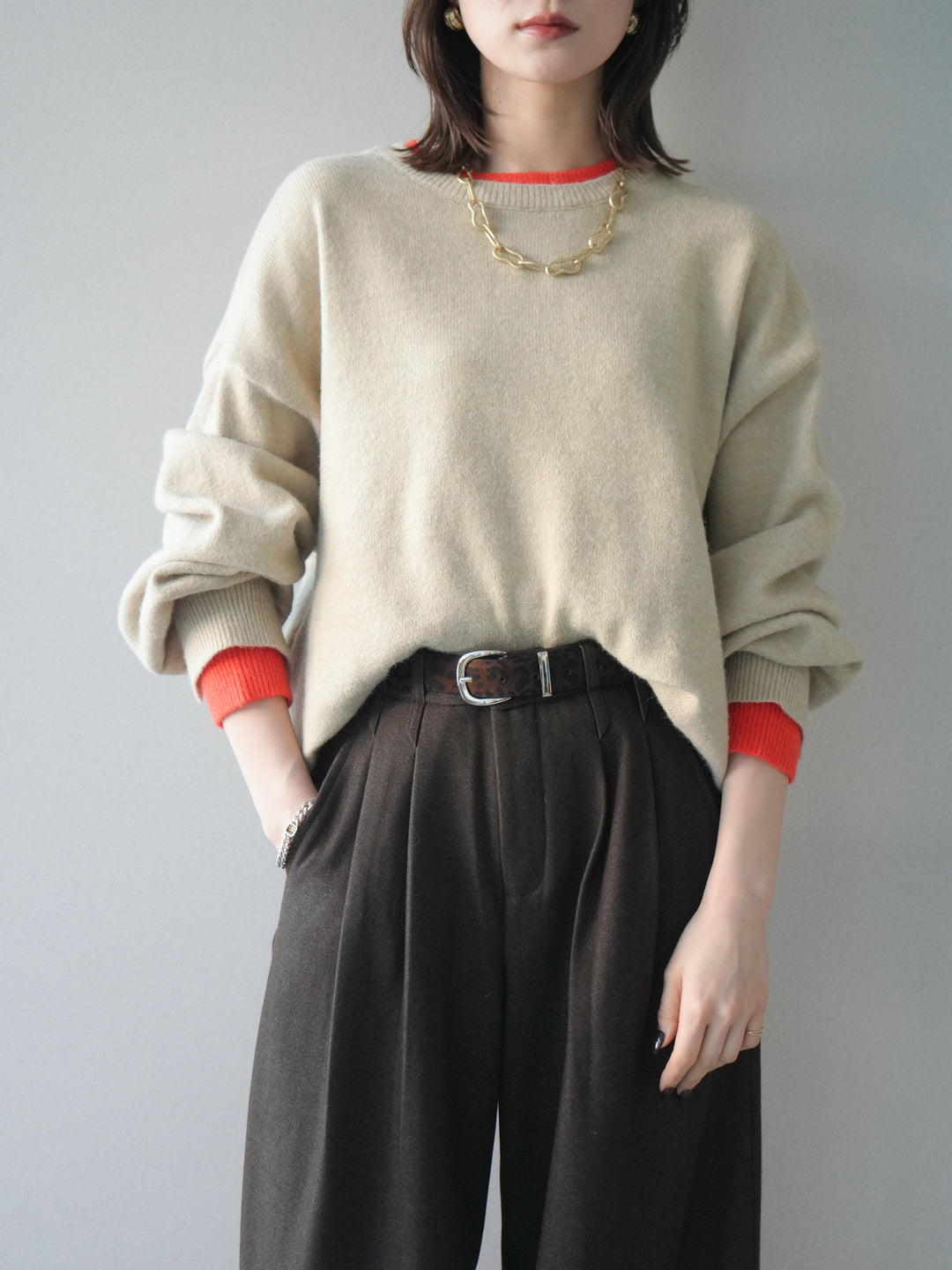 [予約]ヘンリーネック配色レイヤードニットプルオーバー/beige