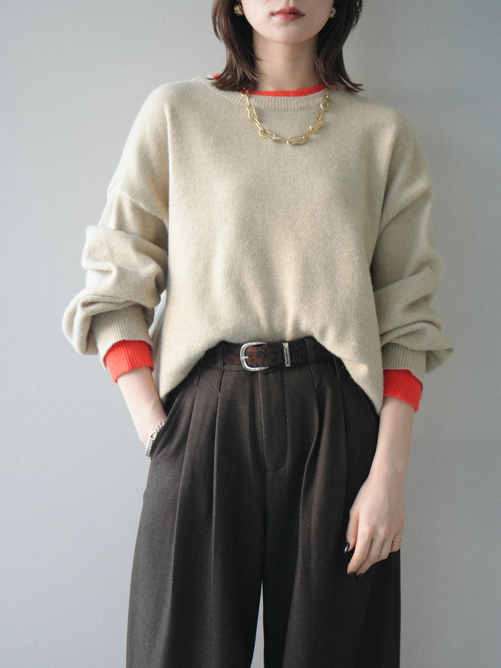 [予約]ヘンリーネック配色レイヤードニットプルオーバー/beige