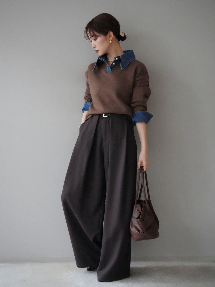 [SET]デニム襟ポロニットプルオーバー+ベルトループデザインワイドパンツ(2set)