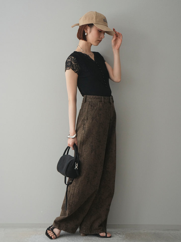 [SET]パールボタンレース切替ニットトップス+ジャガードカーブデニムパンツ(2set)