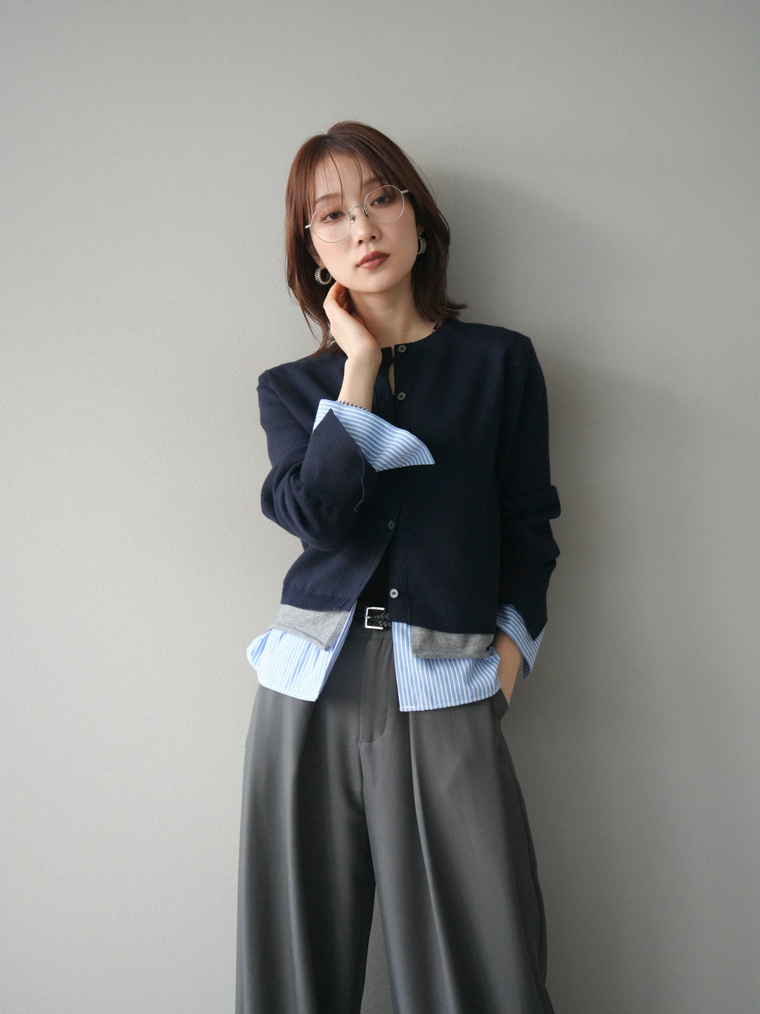 [予約]シャツ襟レイヤードニットカーディガン/navy