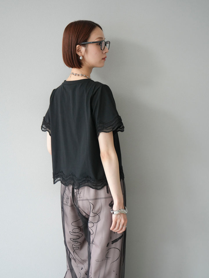 [SET]レース切替カットソー+コード刺繍チュールレイヤードパンツ(2set)
