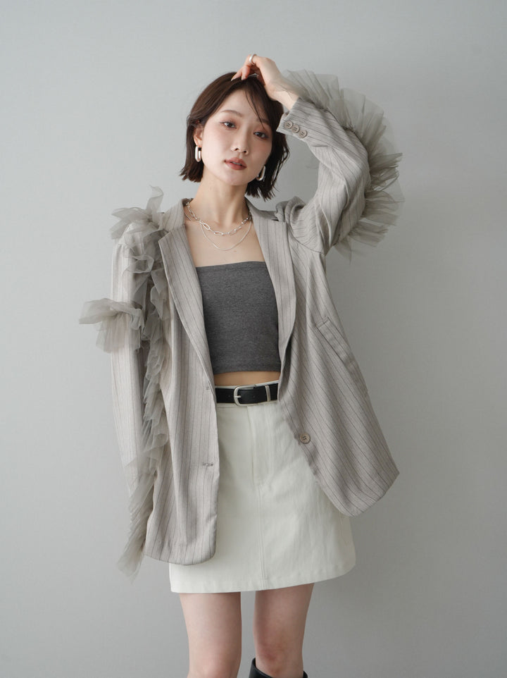 [予約]アシンメトリーチュールストライプジャケット/greige