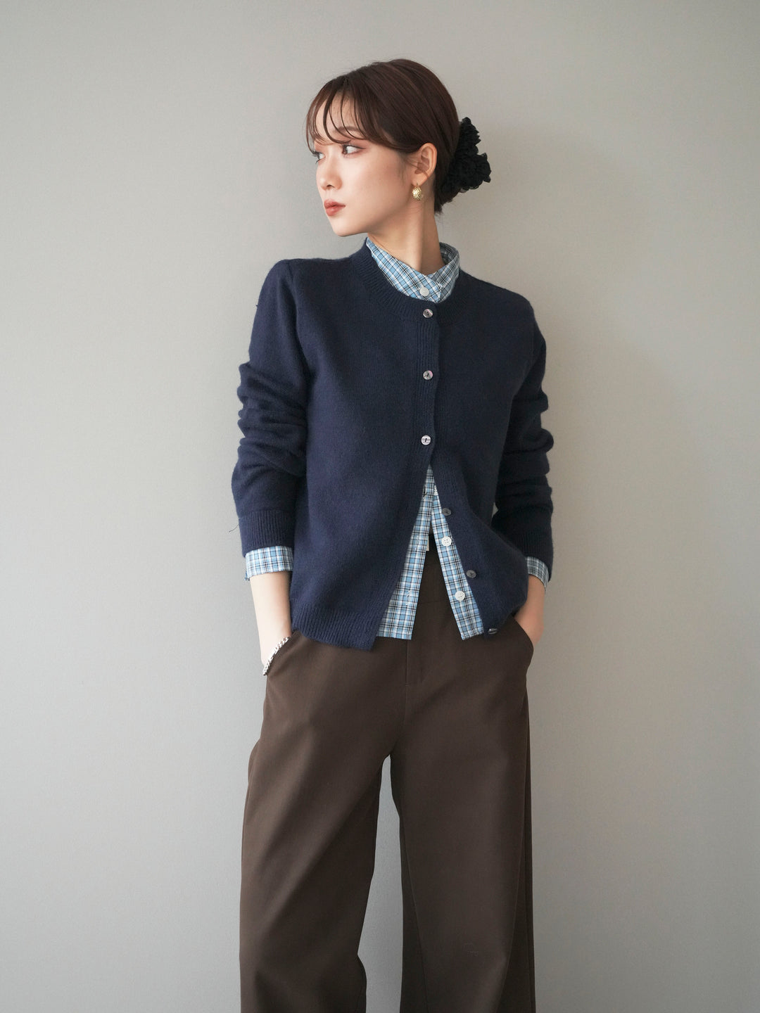 [予約]チェックシャツレイヤードデザインニットカーディガン/navy