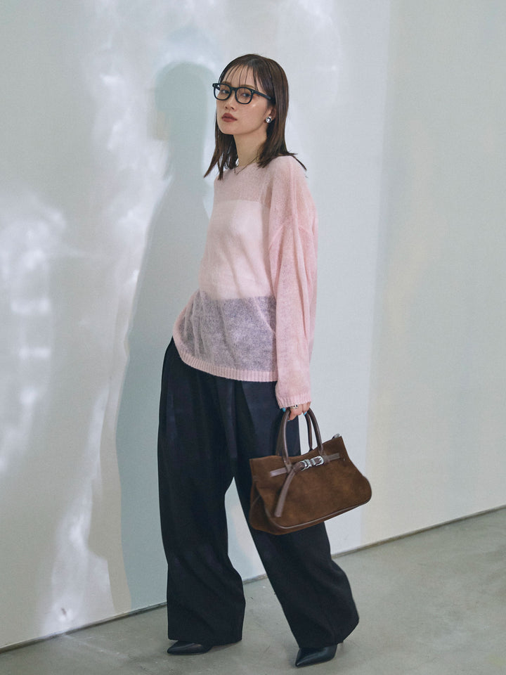 【Allure】[SET]モヘアタッチ透かし編みボートネックニットプルオーバー+アシンメトリーウエストタックパンツ(2set)