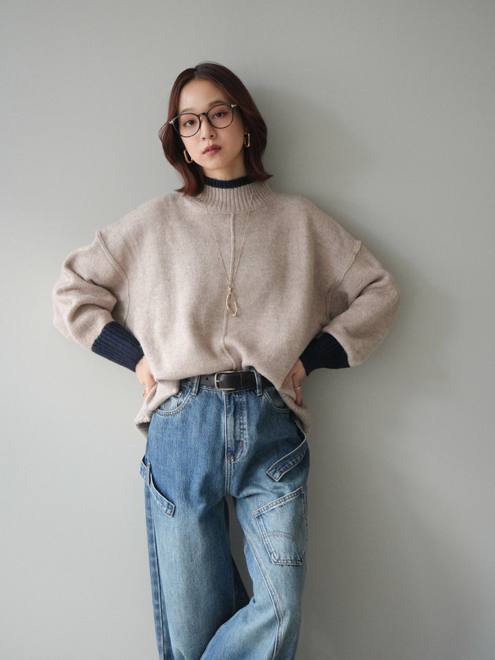 [SET]配色ハイネックニットプルオーバー+ペインターカーブデニムパンツ(2set)