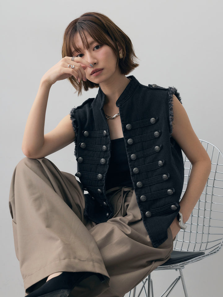 [SET]ナポレオンデニムベスト+ベルトループカーブタックワイドパンツ(2set)