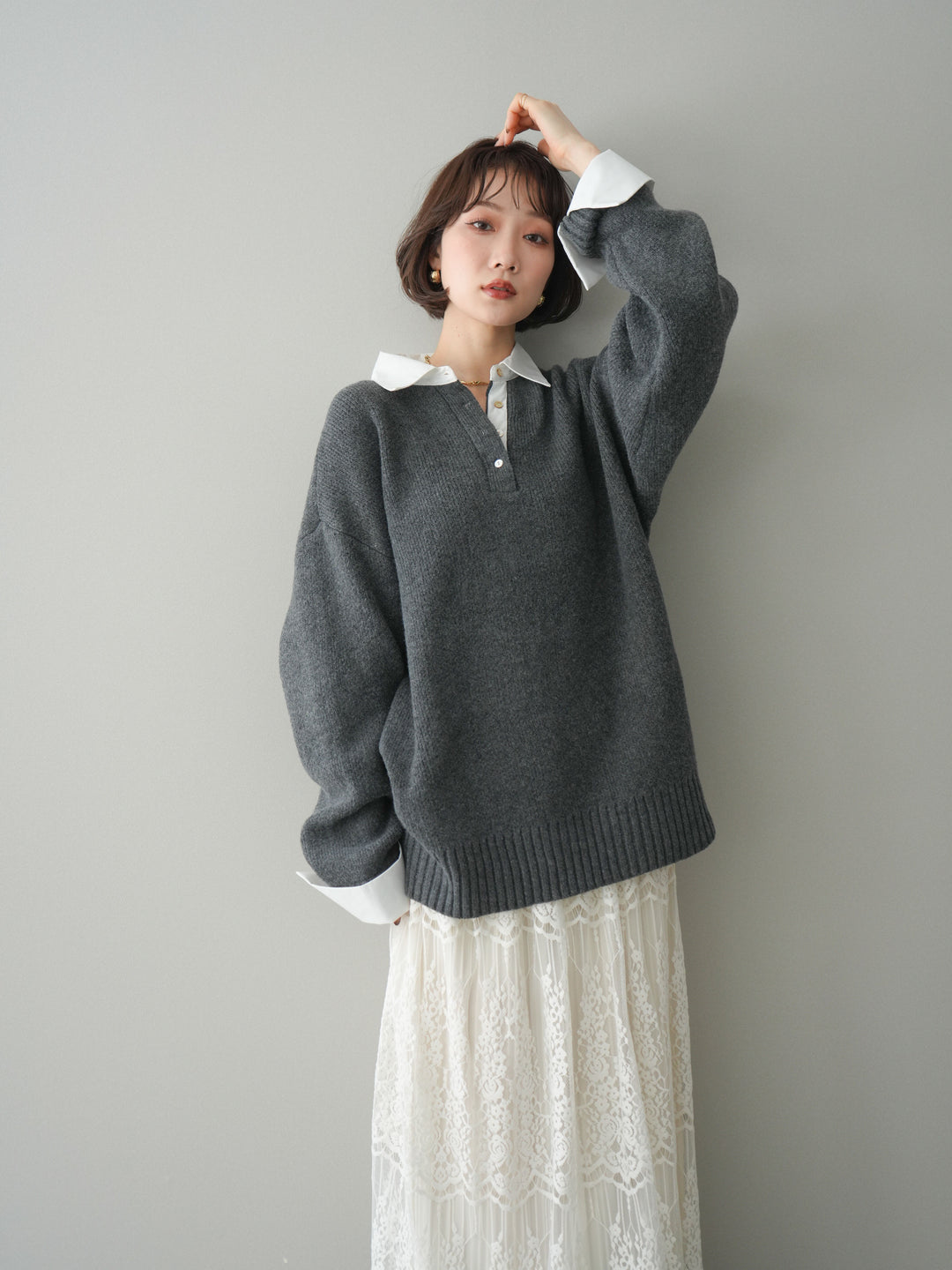 [予約]シャツドッキングオーバーニットプルオーバー/charcoaloff