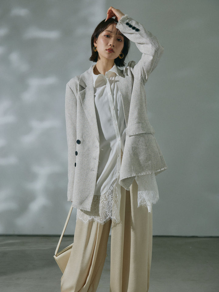 【Allure】[SET]スラブツイードフリンジテーラージャケット+ワッシャーサテンタックジョガーパンツ(2set)