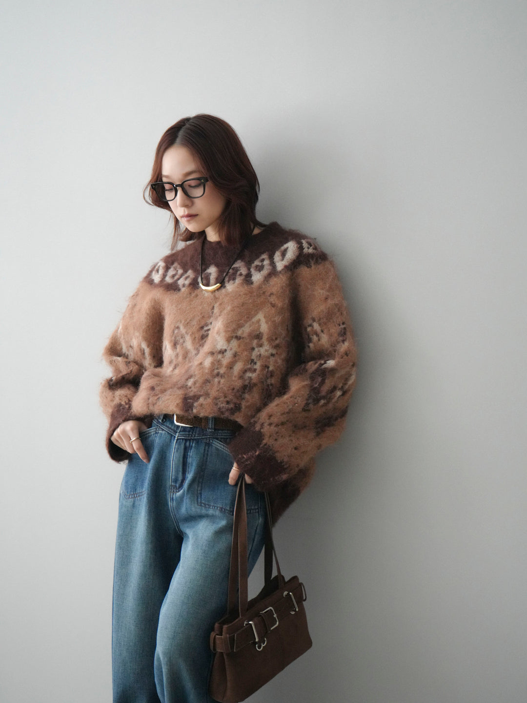 [SET]シャギーニュアンス柄ニットプルオーバー+ベルト付裏起毛カーブデニムパンツ(2set)