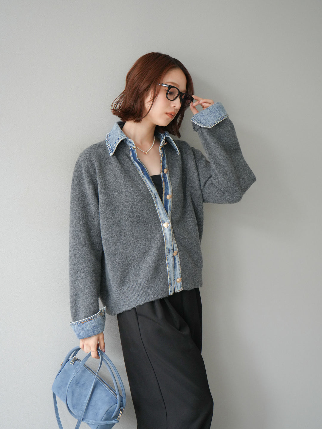 [SET]デニム襟ボタンニットカーディガン+エステルタックワイドパンツ(2set)