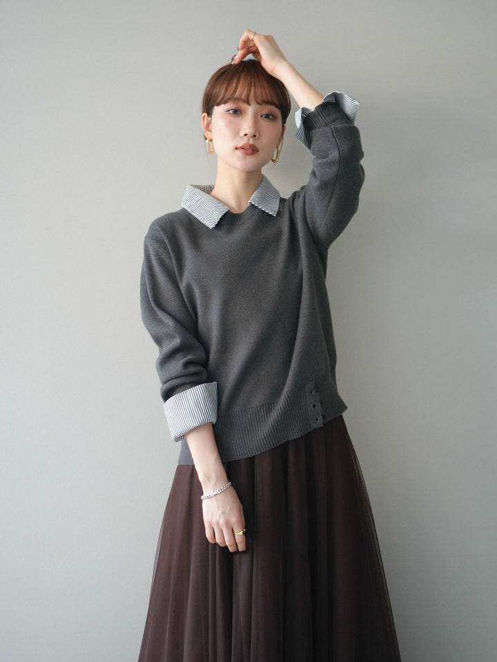 [予約]シャツドッキングデザイン裾ボタンニットプルオーバー/gray