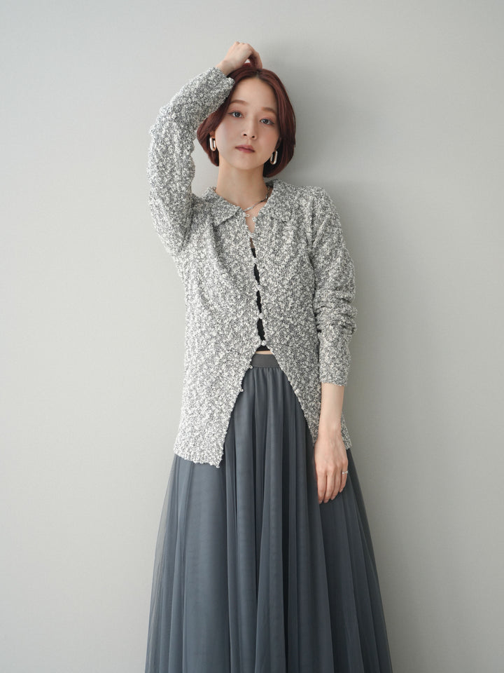 [SET]透かし編みブークレポロニットトップス+チュールボリュームスカート(2set)