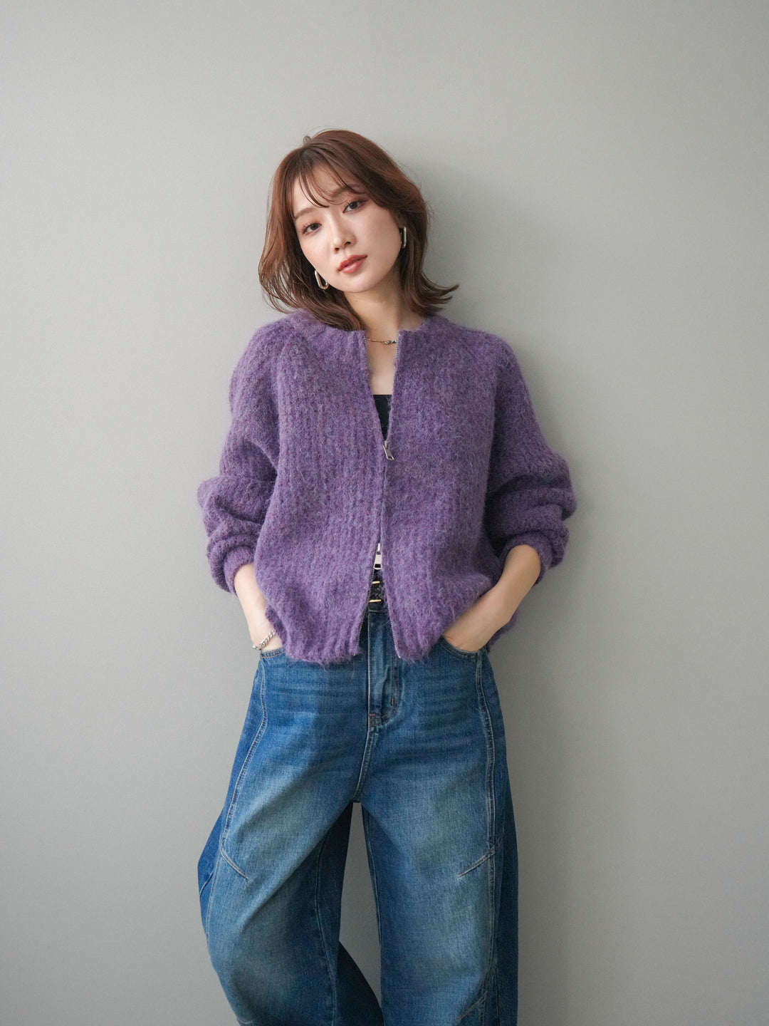 [予約]MIXヤーンモヘアタッチZIPニットカーディガン/purple