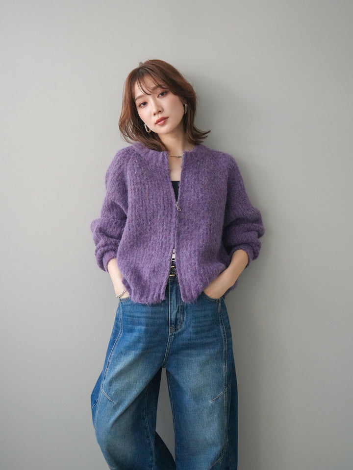 [予約]MIXヤーンモヘアタッチZIPニットカーディガン/purple