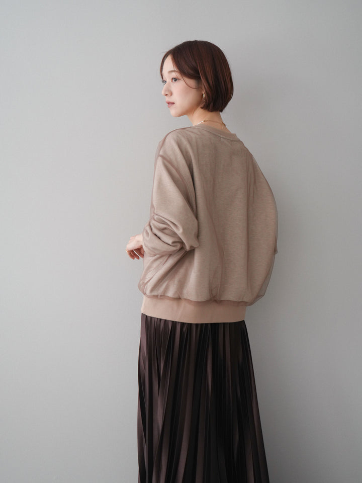 [SET]チュールレイヤードロゴスエットプルオーバー+サテンプリーツマキシスカート(2set)
