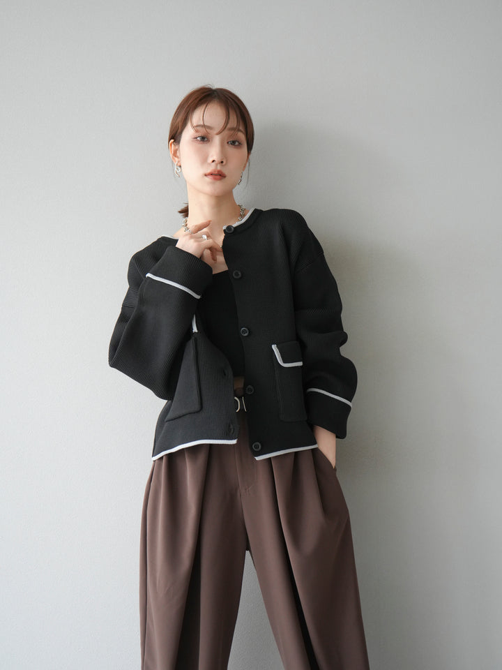 [予約]ポリエステル配色クルーネックカーディガン/ブラック