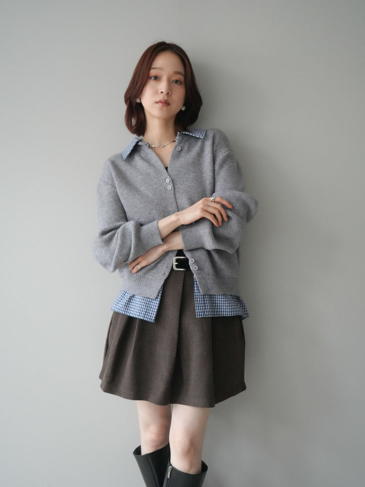 [SET]チェックシャツ襟ニットカーディガン+ベルト付きタックミニスカート(2set)