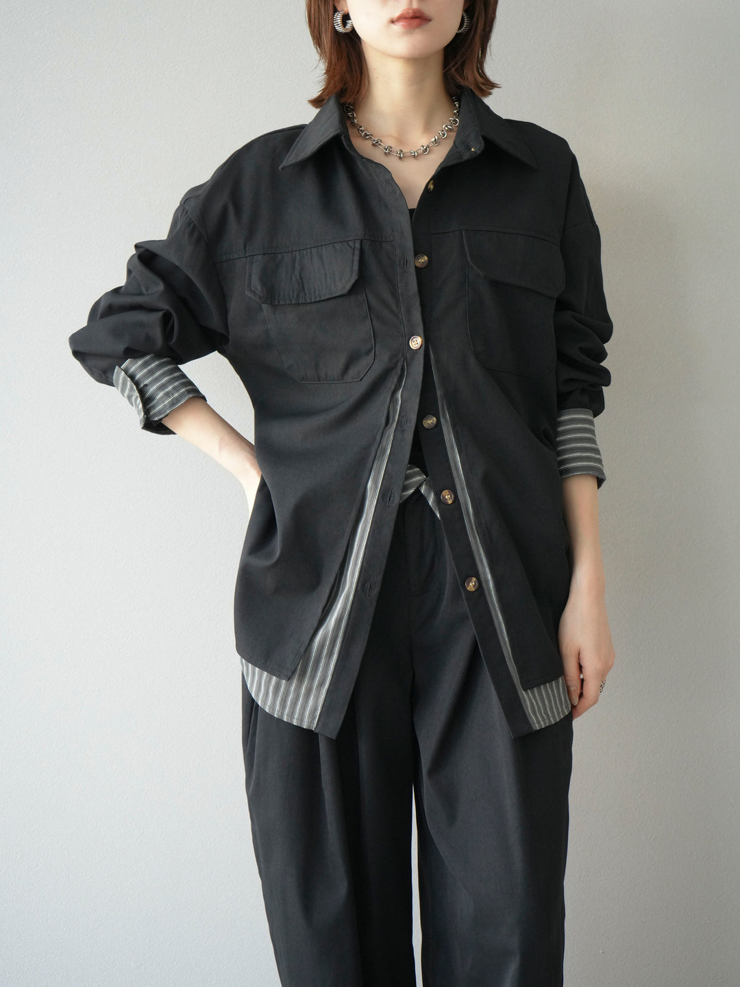 [予約]ストライプレイヤードシャツ/ブラック