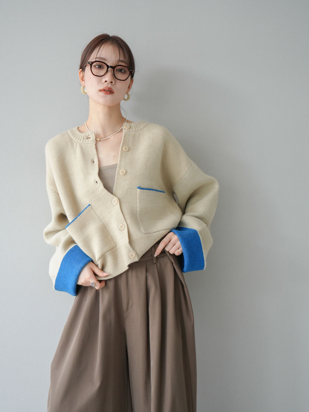 【SET】雙色針織開襟衫+褶襉設計寬褲（2套）