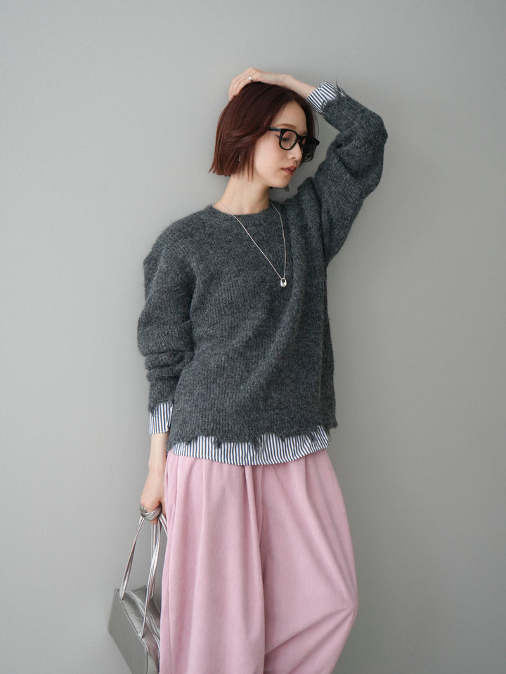 [SET]裾シャツレイヤードダメージニットプルオーバー+コーデュロイサイドタックコクーンパンツ(2set)