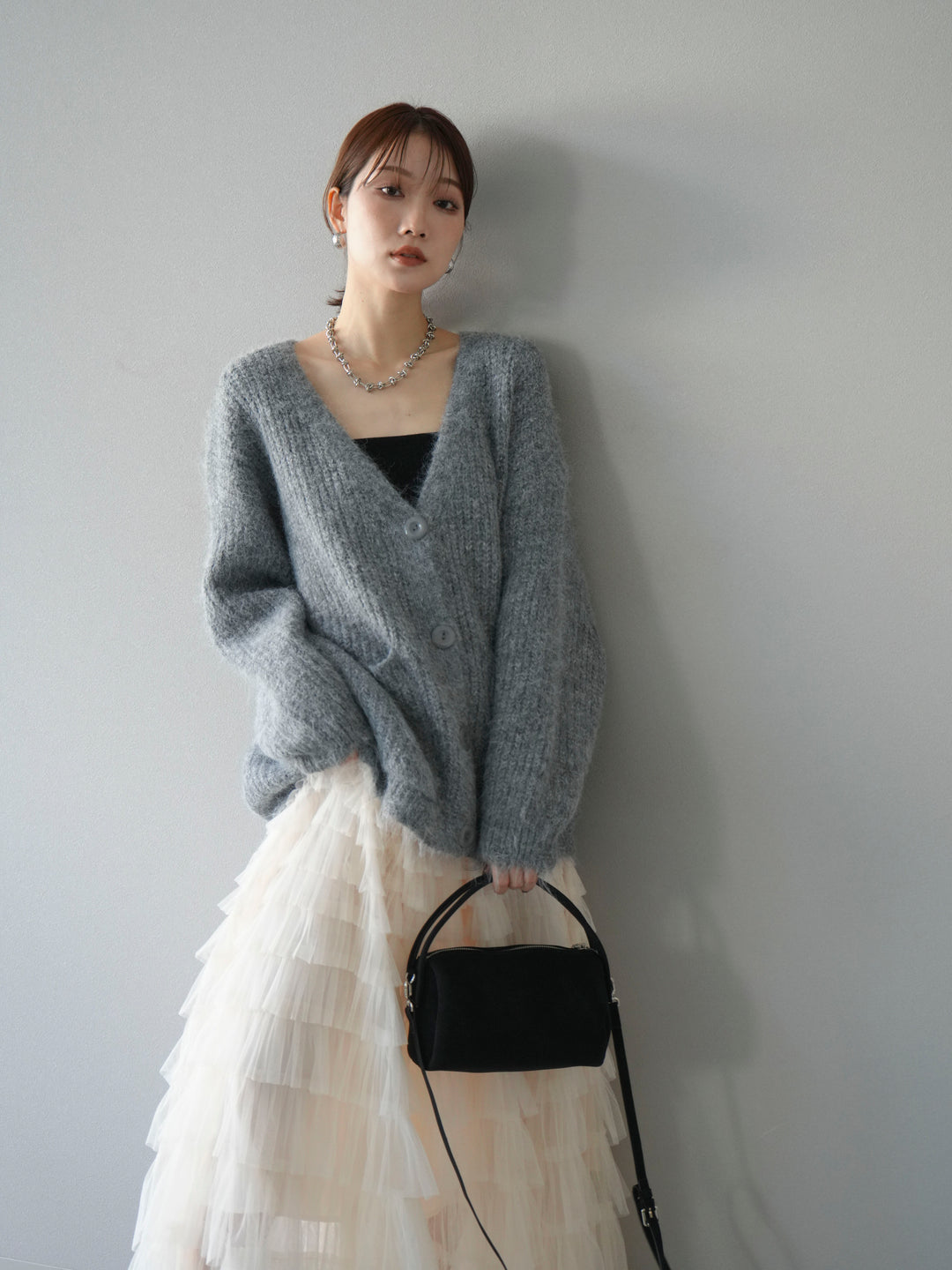 [予約]ウール混オーバーニットカーディガン/グレー