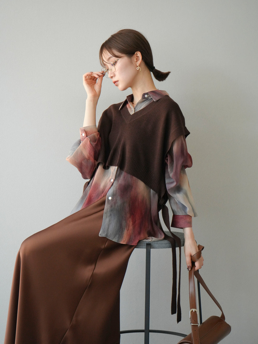 [予約]ニュアンス柄シアーシャツ/レッド