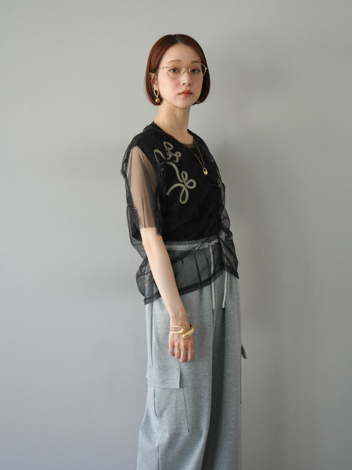 [SET]ラメチュールシャーリングプルオーバー+コード刺繍フレンチスリーブTシャツ(2set)