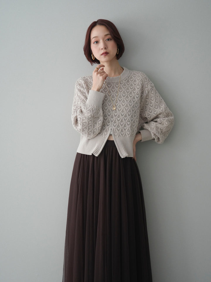 [予約]透かし編みフロントジップスリットニットプルオーバー/lightbeige