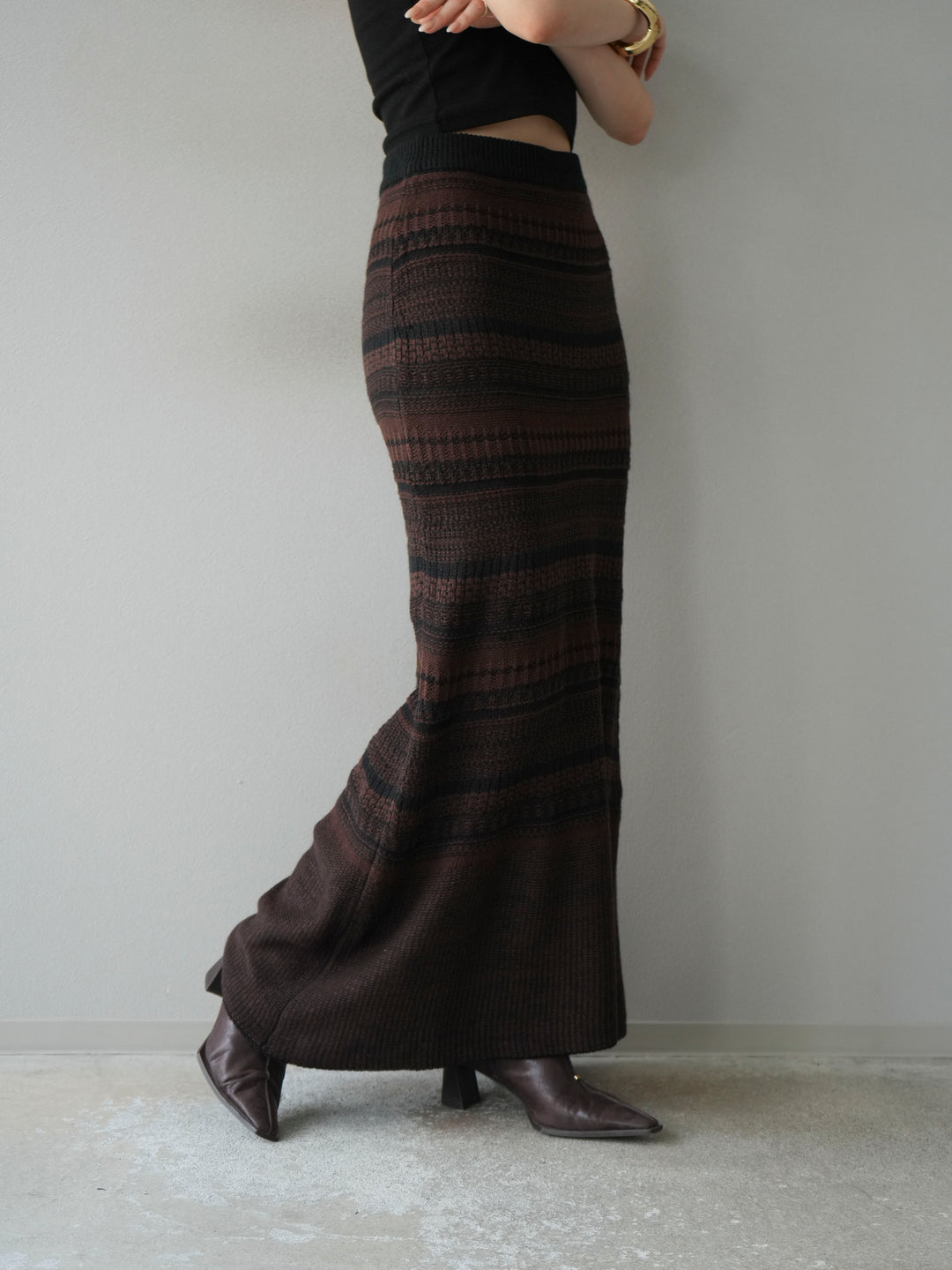 [予約]ガーター編みニットロングスカート/ブラウン×ブラック
