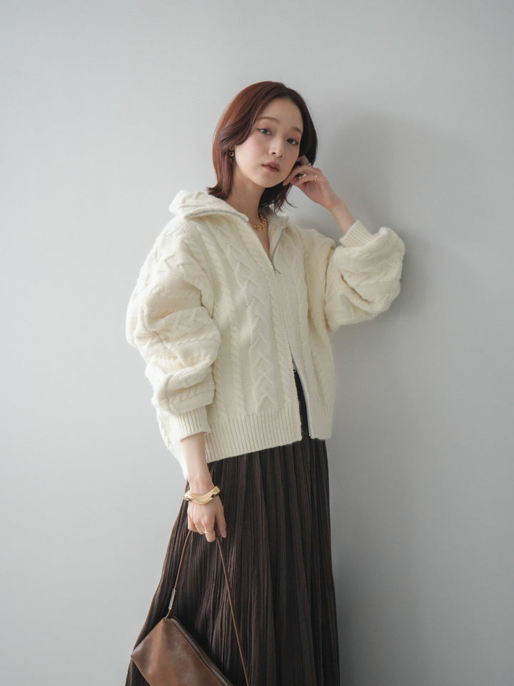 [SET]ケーブル編みハイネックZIPニットカーディガン+裾レーススウェードプリーツマキシスカート(2set)