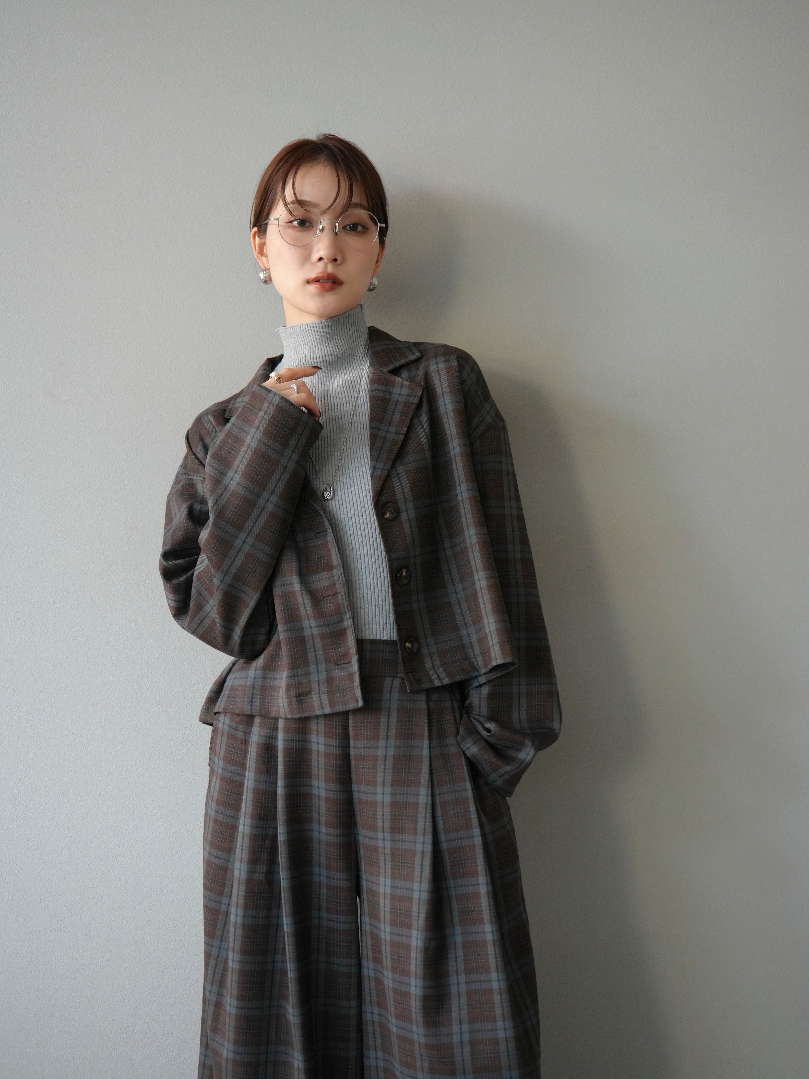 SET]チェック柄ショートジャケット+チェック柄イージーパンツ